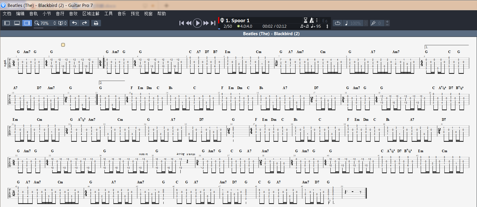 《Black bird》曲谱(六线谱)全屏缩小界面